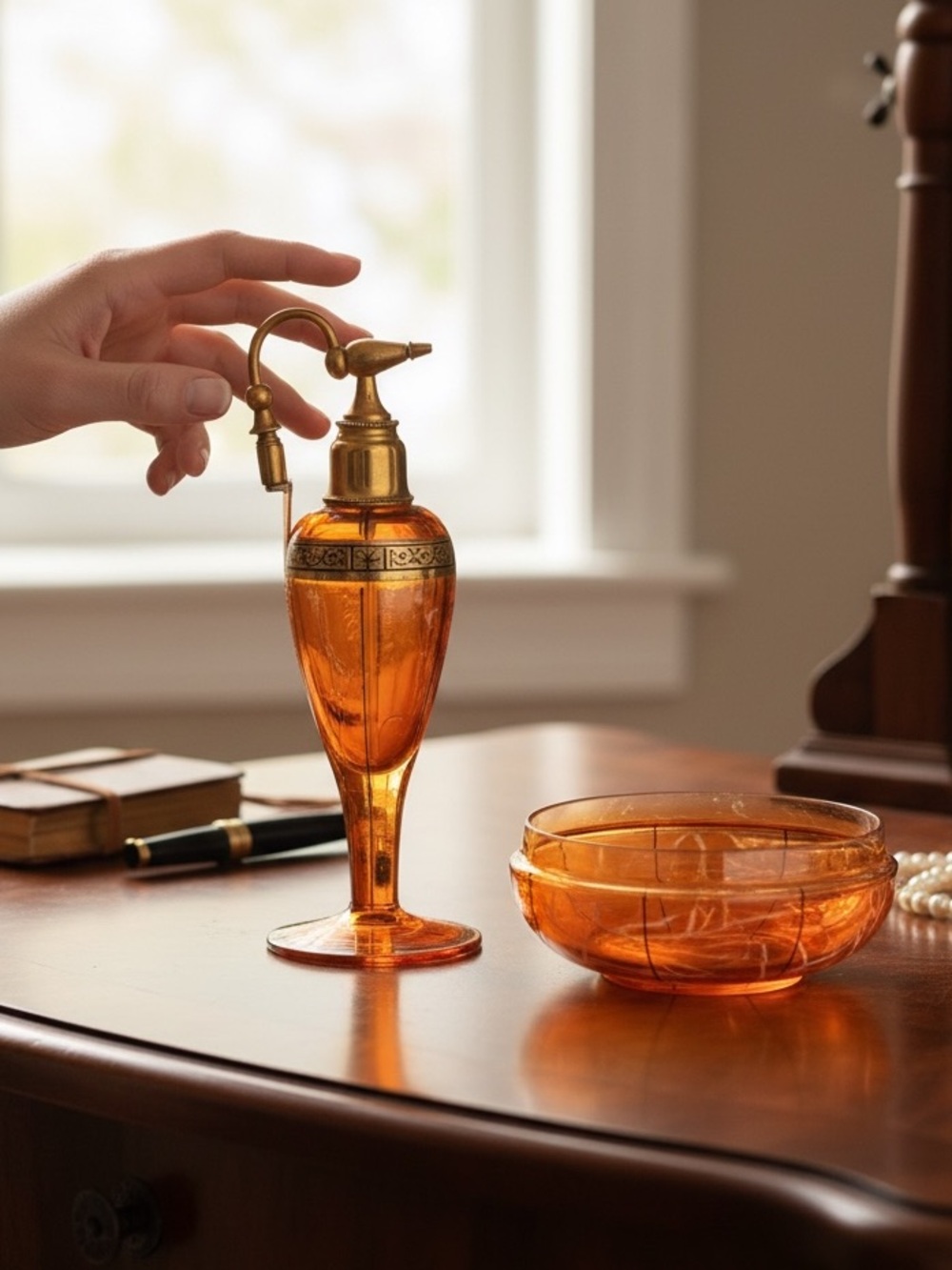 DeVilbiss Art Deco Perfume Atomizer Orange Glass Bottle With Matching Bowl
